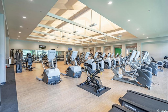 9820 Queensway Blvd Unit 704, Myrtle Beach, SC 29572 - workout area with wood finished floors, recessed lighting, and vaulted ceiling