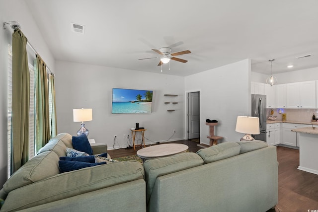 155 Marsh Deer Pl, Surfside Beach, SC 29575 - living area featuring ceiling fan, visible vents, dark wood finished floors, and baseboards