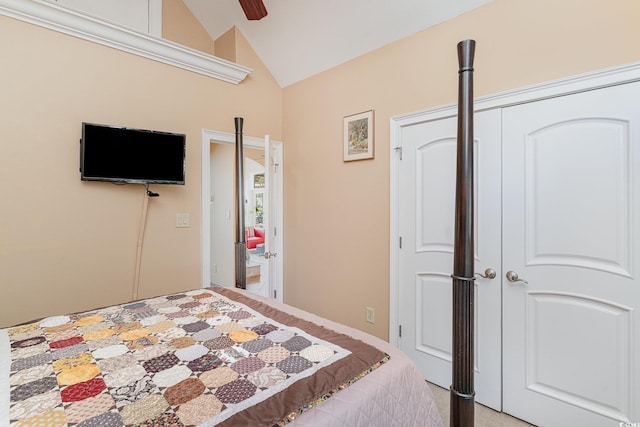 276 Waterfall Cir, Little River, SC 29566 - bedroom with a ceiling fan, light carpet, a closet, and lofted ceiling