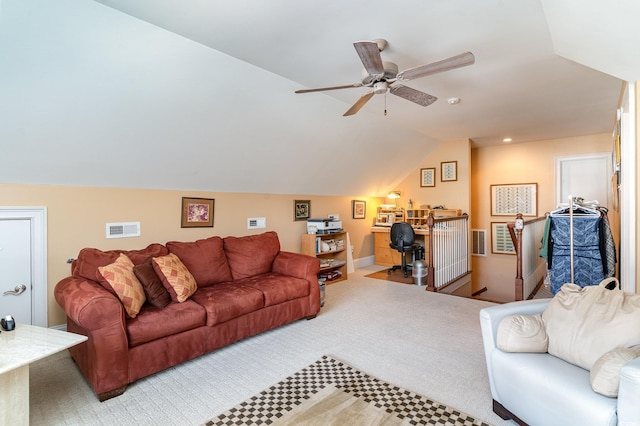 276 Waterfall Cir, Little River, SC 29566 - carpeted living area featuring visible vents, a ceiling fan, lofted ceiling, and recessed lighting