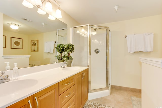full bath with tile patterned flooring, a sink, a stall shower, and visible vents