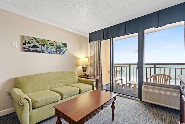 1200 N Ocean Blvd Unit 710, Myrtle Beach, SC 29577 - living area with a textured wall, a textured ceiling, baseboards, a water view, and ornamental molding