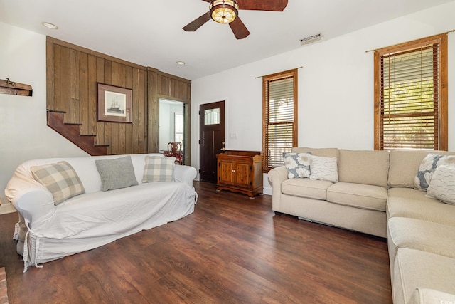 221 Lander Dr, Conway, SC 29526 - living area featuring a ceiling fan, plenty of natural light, wood finished floors, stairway, and recessed lighting