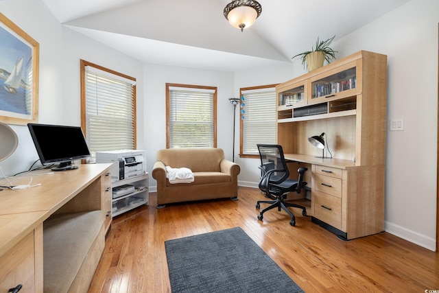 221 Lander Dr, Conway, SC 29526 - office area with vaulted ceiling, light wood-type flooring, and baseboards