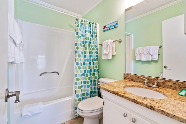 bathroom featuring crown molding, vanity, toilet, and shower / tub combo with curtain
