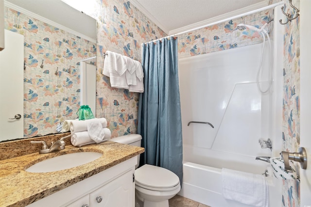bathroom featuring vanity, toilet, shower / tub combo with curtain, ornamental molding, and wallpapered walls