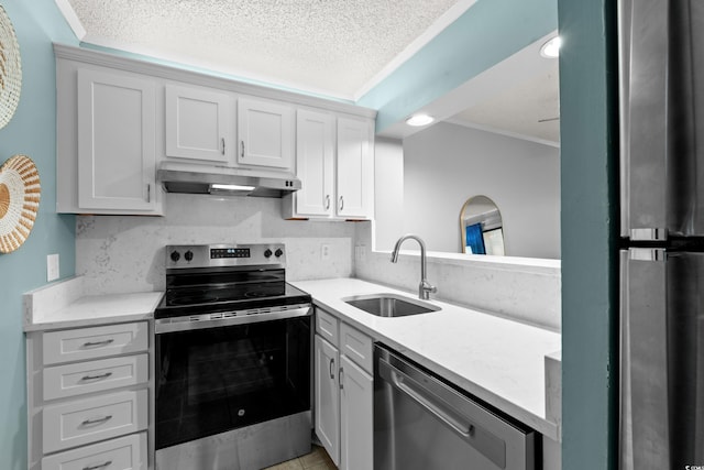 kitchen with crown molding, appliances with stainless steel finishes, a sink, a textured ceiling, and under cabinet range hood
