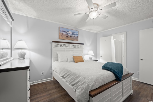 bedroom with a textured ceiling, dark wood finished floors, ornamental molding, and ceiling fan