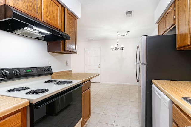 kitchen with brown cabinetry, under cabinet range hood, white dishwasher, electric range oven, and visible vents