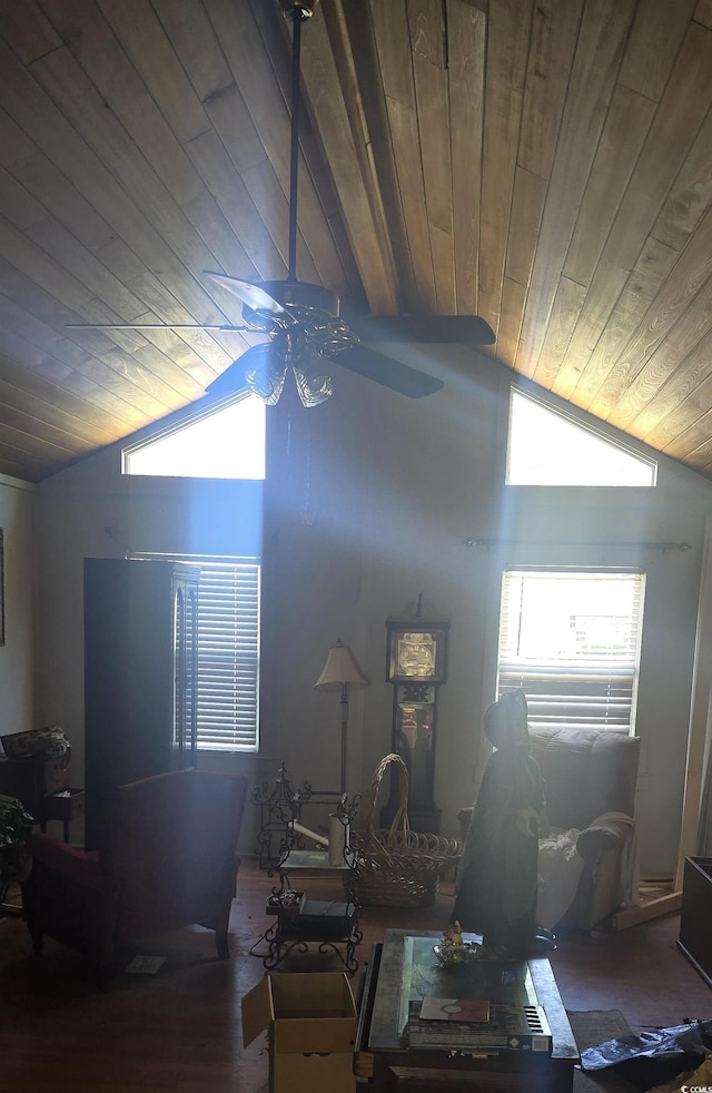 miscellaneous room with a ceiling fan, wood ceiling, and vaulted ceiling