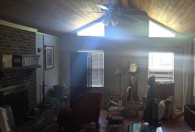 living room with a fireplace, ceiling fan, vaulted ceiling, and wooden ceiling