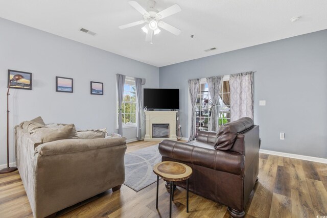 2090 Cross Gate Blvd Unit 202, Surfside Beach, SC 29575 - living area with a ceiling fan, light wood-style flooring, baseboards, and a glass covered fireplace
