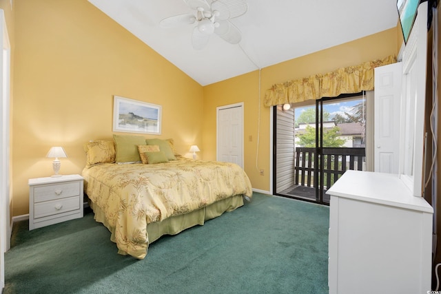 bedroom with access to exterior, dark carpet, a ceiling fan, baseboards, and vaulted ceiling