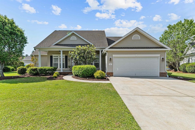 246 Laurel Bay Dr, Murrells Inlet, SC 29576 - craftsman-style home featuring covered porch, driveway, roof with shingles, a garage, and a front lawn