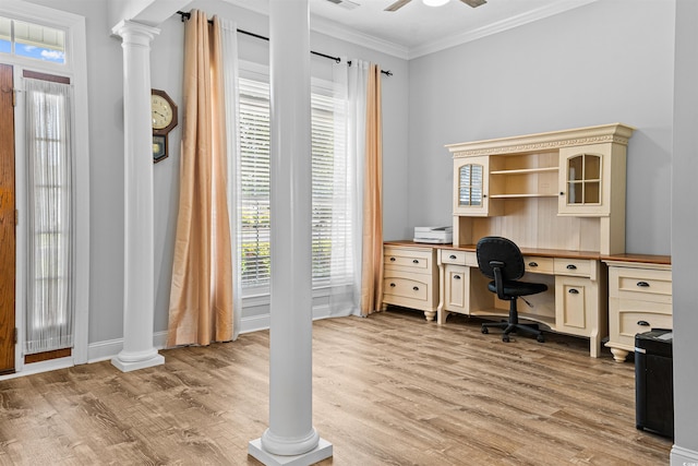246 Laurel Bay Dr, Murrells Inlet, SC 29576 - office space featuring crown molding, a ceiling fan, baseboards, light wood-type flooring, and ornate columns