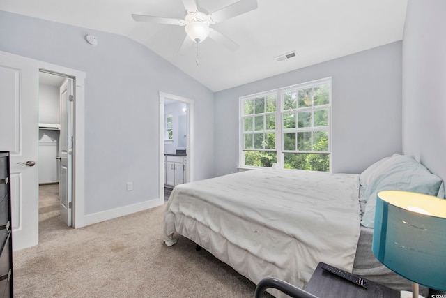 bedroom with visible vents, lofted ceiling, baseboards, a ceiling fan, and carpet