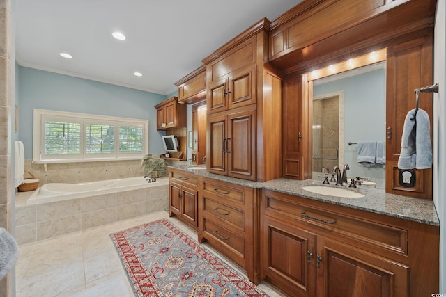 741 Tuckers Rd, Pawleys Island, SC 29585 - bathroom featuring crown molding, double vanity, a garden tub, tile patterned floors, and recessed lighting