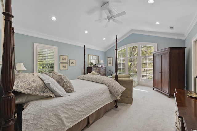 741 Tuckers Rd, Pawleys Island, SC 29585 - bedroom featuring light colored carpet, lofted ceiling, recessed lighting, a ceiling fan, and ornamental molding