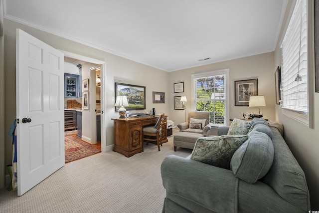 741 Tuckers Rd, Pawleys Island, SC 29585 - office featuring light colored carpet, ornamental molding, and wine cooler