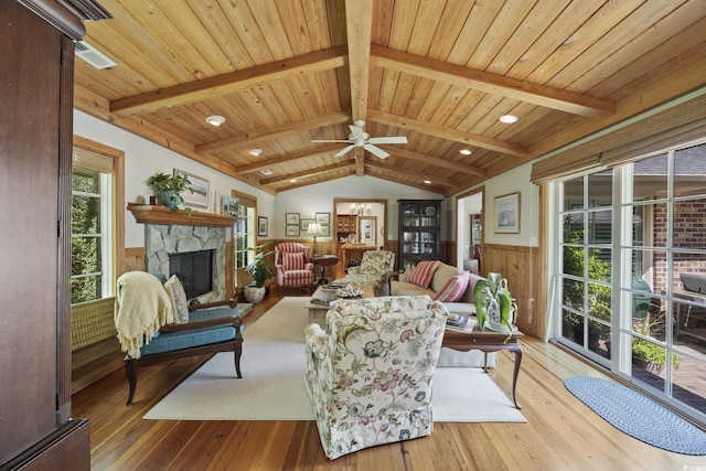 741 Tuckers Rd, Pawleys Island, SC 29585 - living room featuring a wainscoted wall, hardwood / wood-style floors, a fireplace, wood walls, and ceiling fan