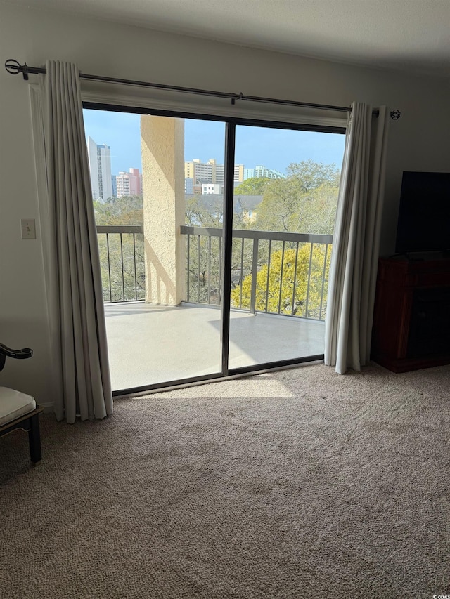 carpeted living room with a view of city