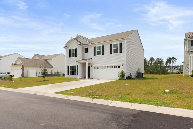 traditional-style home with an attached garage, central AC, driveway, and a front yard