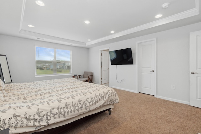 bedroom with recessed lighting, a raised ceiling, crown molding, and light carpet