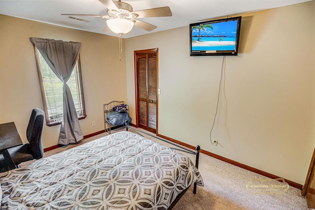 4391 Party Pines Rd, Conway, SC 29526 - carpeted bedroom featuring a closet, visible vents, baseboards, and a ceiling fan