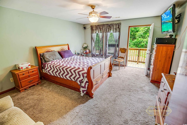 4391 Party Pines Rd, Conway, SC 29526 - carpeted bedroom with access to outside, baseboards, visible vents, and ceiling fan