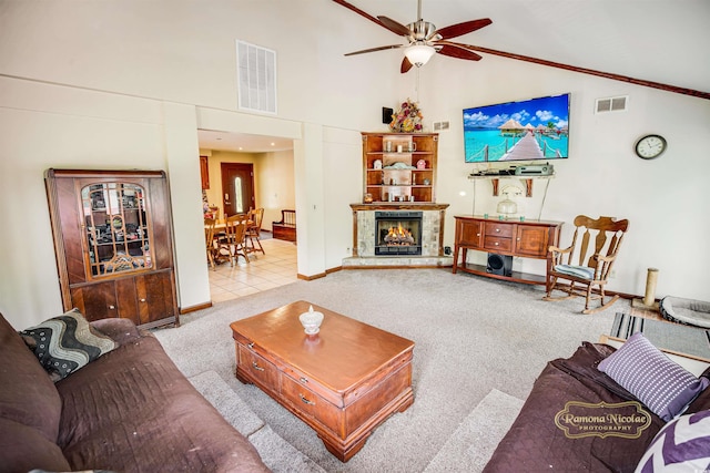4391 Party Pines Rd, Conway, SC 29526 - living area with a ceiling fan, carpet flooring, visible vents, and high vaulted ceiling