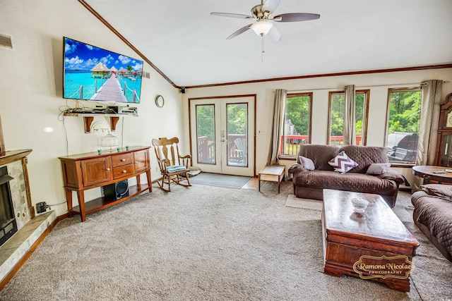 4391 Party Pines Rd, Conway, SC 29526 - living room with a healthy amount of sunlight, crown molding, carpet, and vaulted ceiling