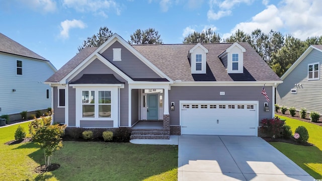 craftsman house featuring concrete driveway, a garage, roof with shingles, and a front lawn