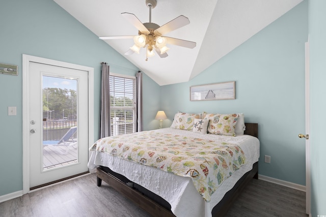 bedroom featuring access to exterior, vaulted ceiling, wood finished floors, baseboards, and ceiling fan