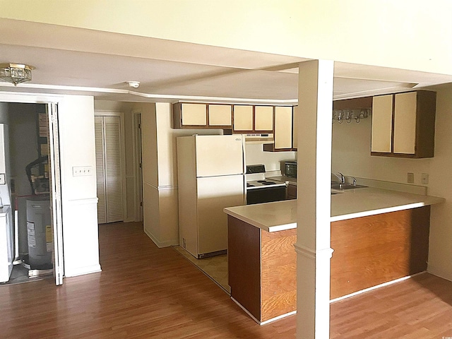 500 Fairway Village Dr Unit 6E, Myrtle Beach, SC 29588 - kitchen with range with electric cooktop, freestanding refrigerator, wood finished floors, and under cabinet range hood