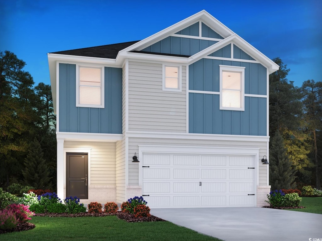 882 Cypress Preserve Cir, Longs, SC 29568 - view of front of home featuring board and batten siding, an attached garage, concrete driveway, and brick siding