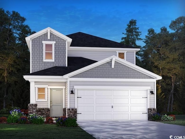 view of front facade featuring a garage, roof with shingles, driveway, and stone siding