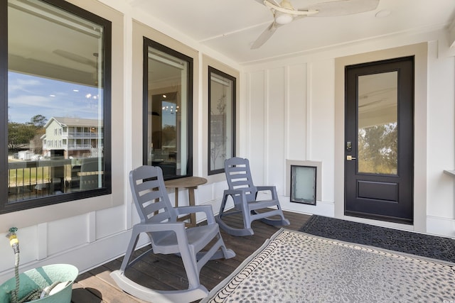 exterior space with a ceiling fan