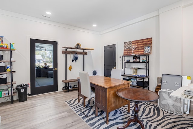home office featuring visible vents, recessed lighting, and light wood-style flooring