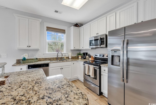 kitchen with visible vents, light wood-type flooring, white cabinets, a sink, and stainless steel appliances