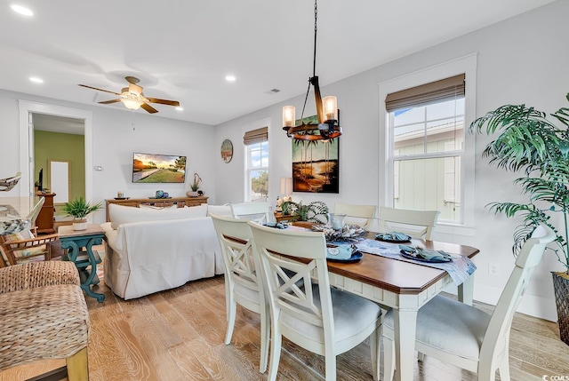 dining room with recessed lighting, ceiling fan, visible vents, and light wood-style floors