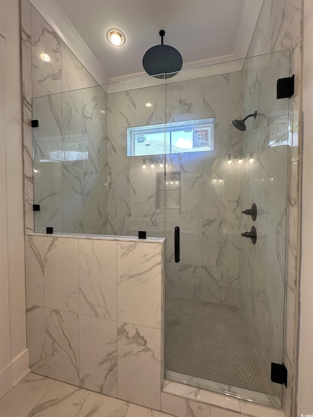 924 Morrall Dr, North Myrtle Beach, SC 29582 - full bath featuring marble look tile flooring, a marble finish shower, and crown molding