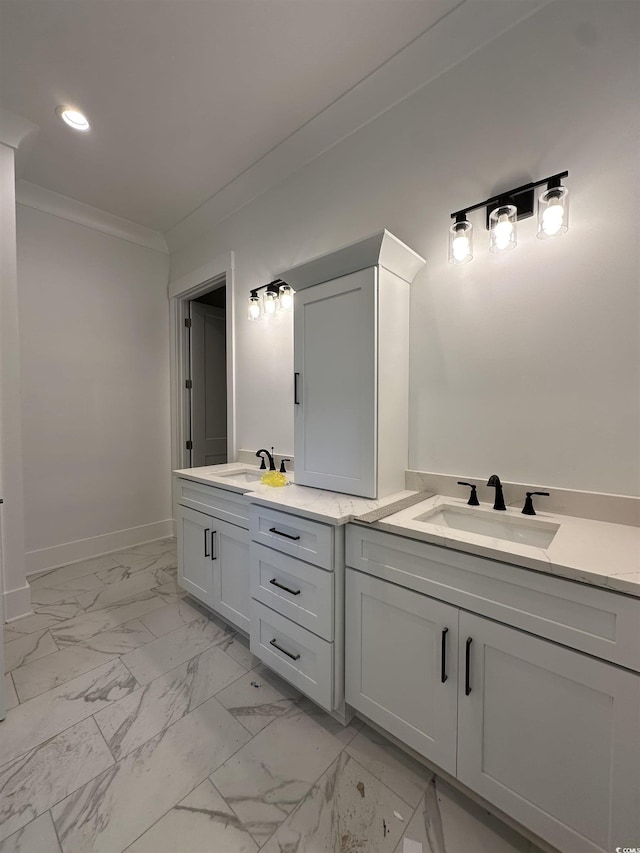 924 Morrall Dr, North Myrtle Beach, SC 29582 - full bath with double vanity, marble finish floors, ornamental molding, and recessed lighting