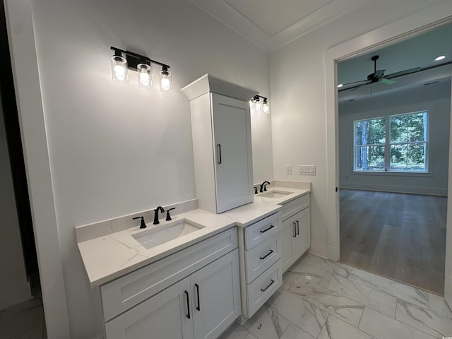 924 Morrall Dr, North Myrtle Beach, SC 29582 - full bath with double vanity, a ceiling fan, marble look tile flooring, and crown molding