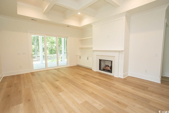924 Morrall Dr, North Myrtle Beach, SC 29582 - unfurnished living room with a fireplace, beam ceiling, light wood-style floors, coffered ceiling, and recessed lighting
