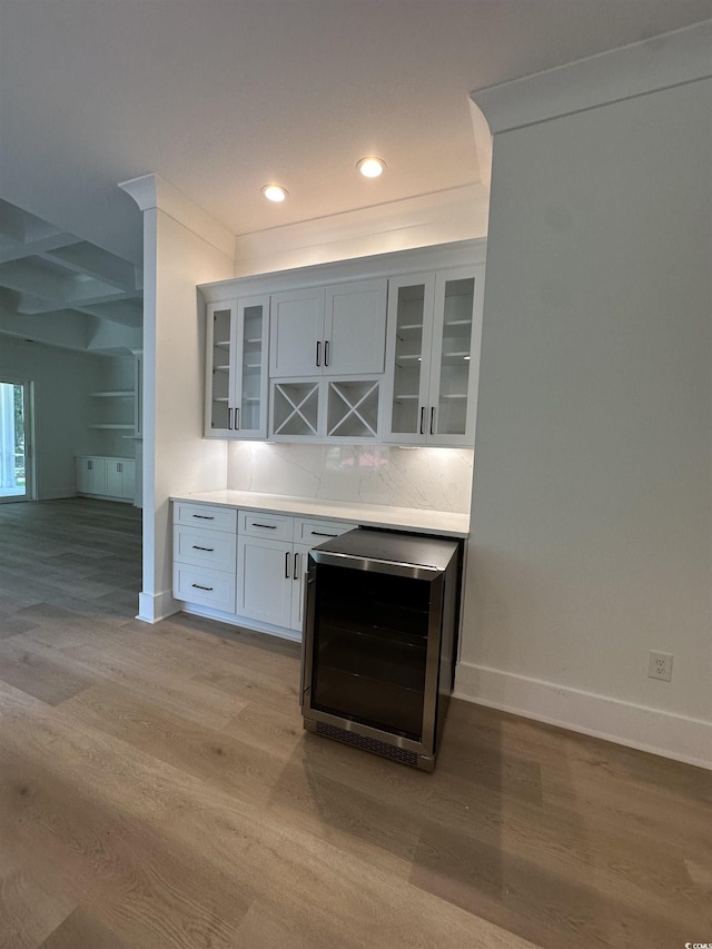 924 Morrall Dr, North Myrtle Beach, SC 29582 - bar area with beverage cooler, light wood-style flooring, recessed lighting, and backsplash