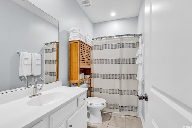 bathroom featuring visible vents, tile patterned flooring, vanity, toilet, and a shower with shower curtain