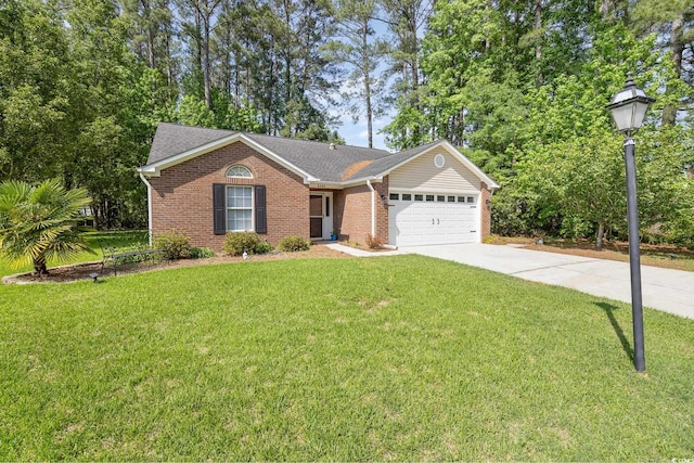 ranch-style home featuring roof with shingles, a front lawn, brick siding, a garage, and concrete driveway
