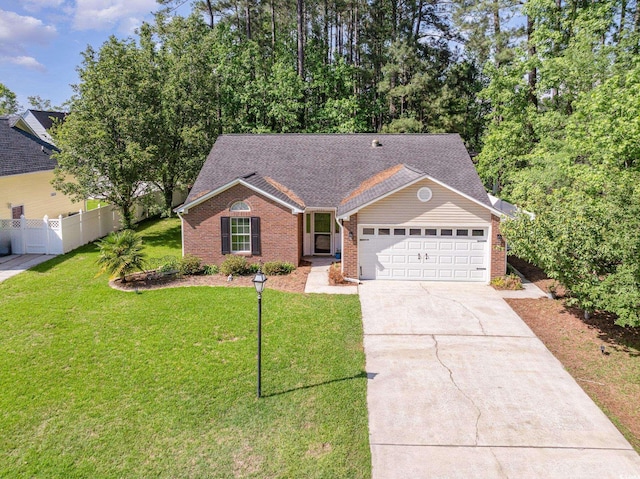 ranch-style house featuring fence, a garage, driveway, and brick siding