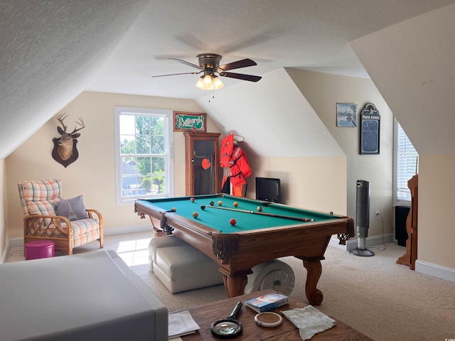 recreation room featuring carpet floors, lofted ceiling, baseboards, a textured ceiling, and billiards