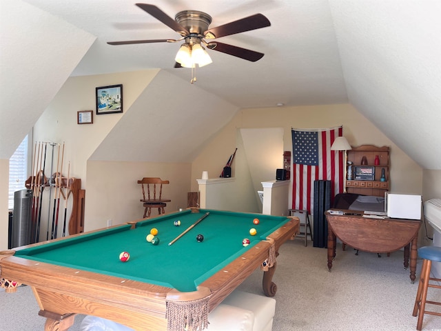 game room featuring carpet, ceiling fan, pool table, and vaulted ceiling